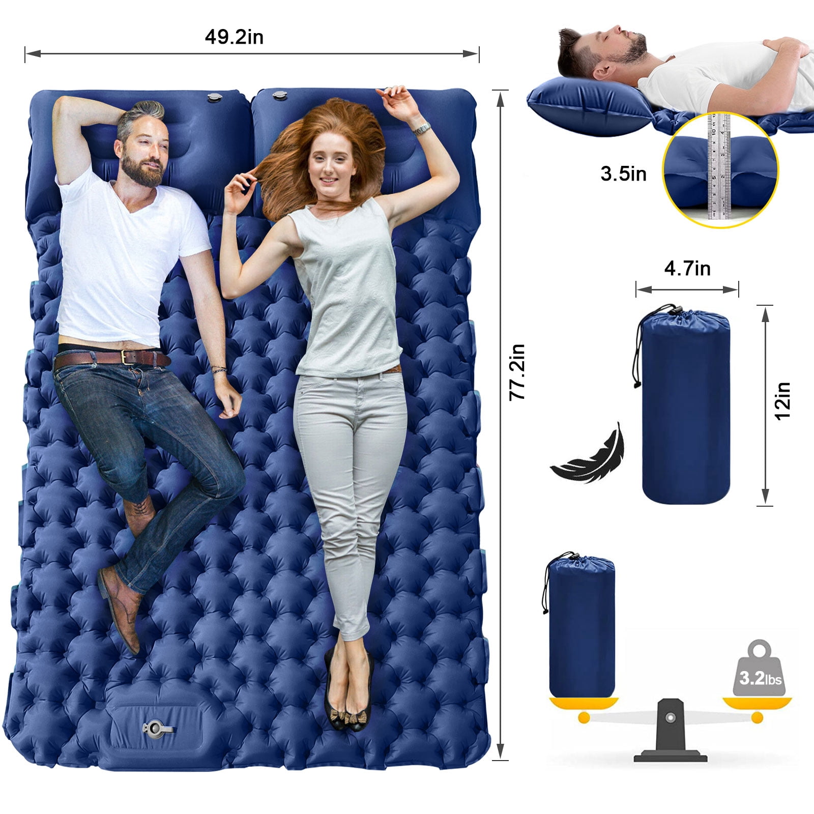 Eurhowing Double Sleeping Pad 4" Thick, 2 Person Inflatable Camping Mat with Foot Pump & Pillow, Portable Air Mattress for Backpacking Hiking Tent Travel, Navy
