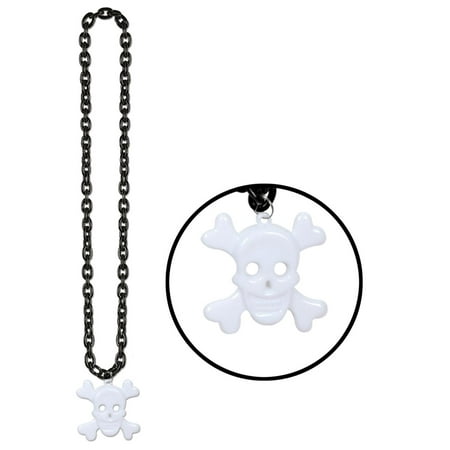 Club Pack of 12 Halloween Beaded Chain Necklace with Skull and Crossbones Medallion 36