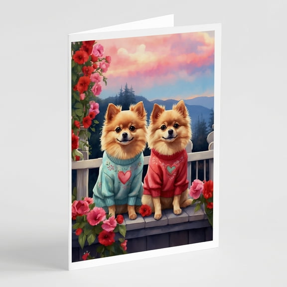 Pomeranian Two Hearts Greeting Cards Pack of 8 7 in x 5 in