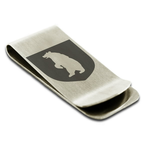 Stainless Steel Bear Ferocity Coat of Arms Shield Engraved Money Clip Credit Card Holder