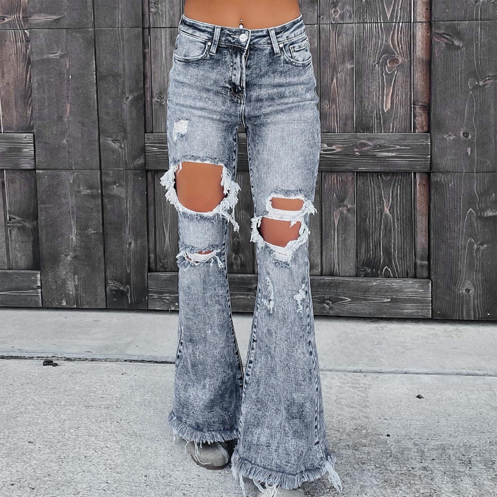 YYDGH Women's High Waisted Ripped Flare Jeans for Women Cropped Bell Bottom  Jeans for Women Denim Pants with Live Hem Dark Blue S - Walmart.com