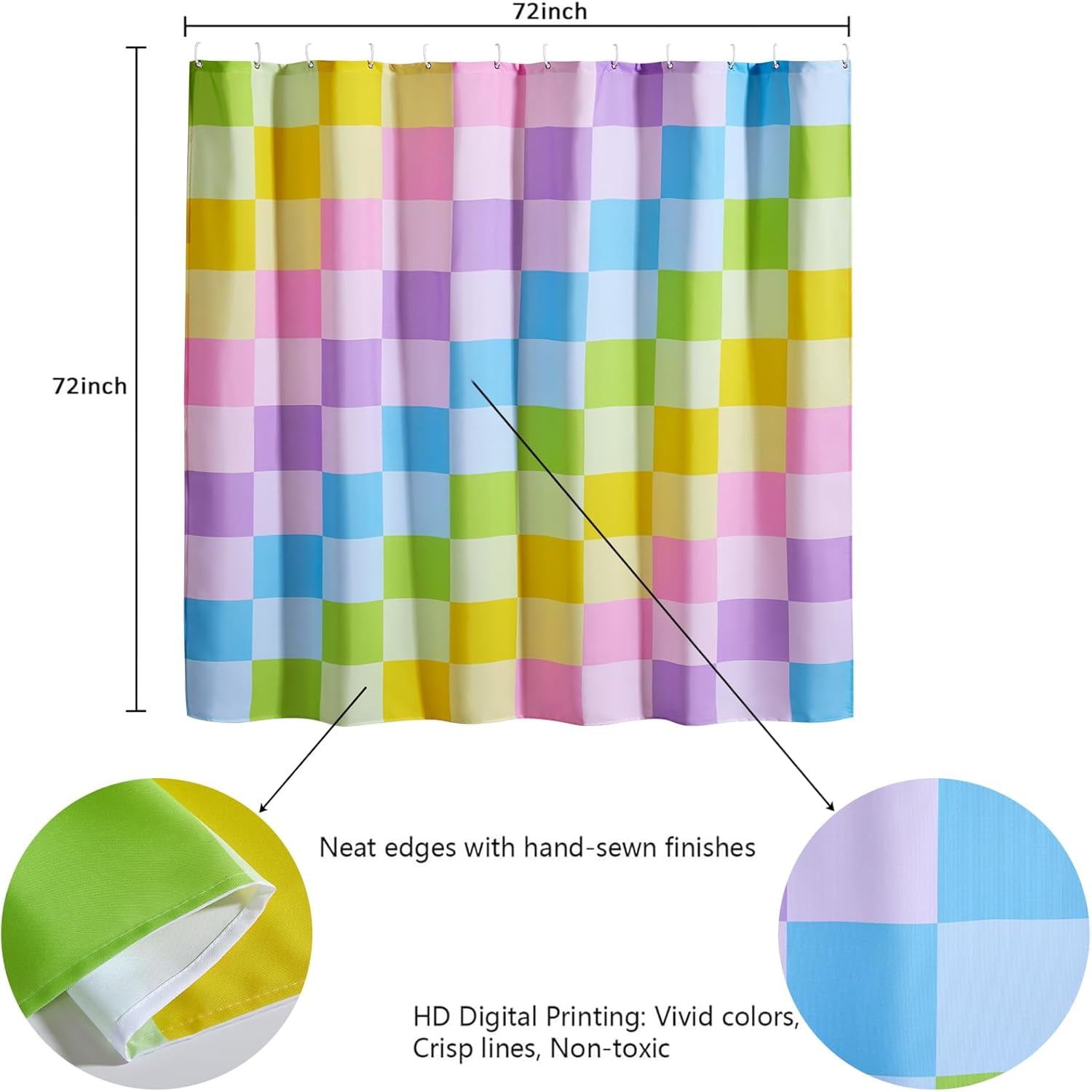 Multicolored Checkered Retro Fabric Shower Curtain for Bathroom, Heavy Duty iridescent Rainbow Colorful Modern Simple Groovy Funky Shower Curtain Set with Hooks Aesthetic Bathroom Decor