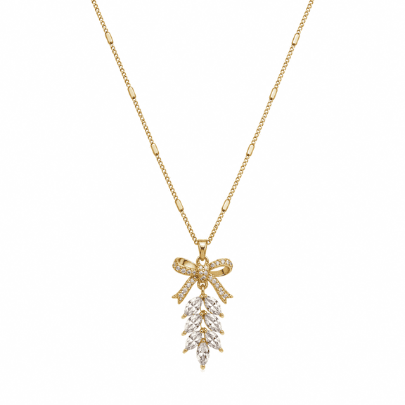 Kerinzo - Elegant Bow Leaf Pendant Necklace for Women with Clear Sparkling Accents, Delicate Chain and Stylish Nature-Inspired Design