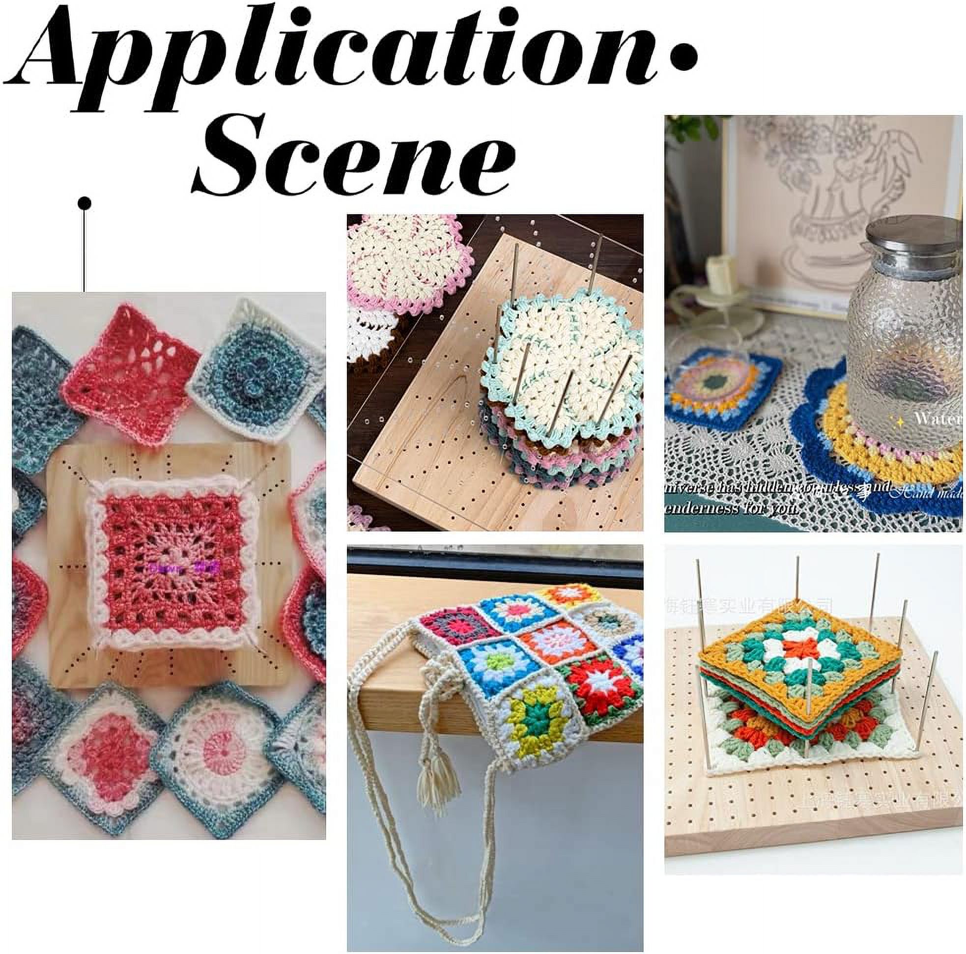 Handmade Wooden Blocking Board (11.8x11.8x0.47inch) with 20pcs 5.9x0.16inch Round Wooden Sticks and Sun Shaped Hole Square Knitting Loom for Knitting Crochet Beige