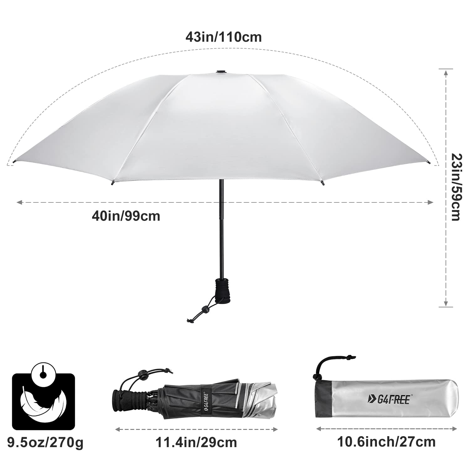 G4Free Liteflex Hiking Umbrella Mini Compact Ultralight Collapsible Reflective Silver Trekking Backpacking Umbrella