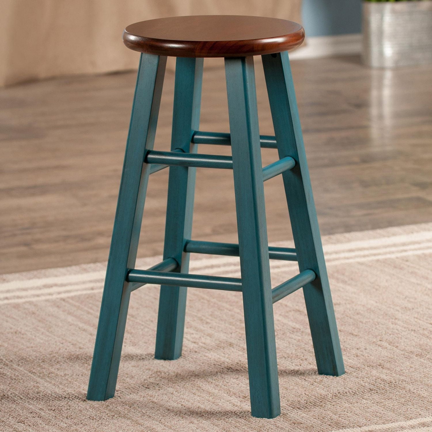 Tabouret de comptoir de 24 po Ivy Bleu sarcelle rustique avec siège Noyer