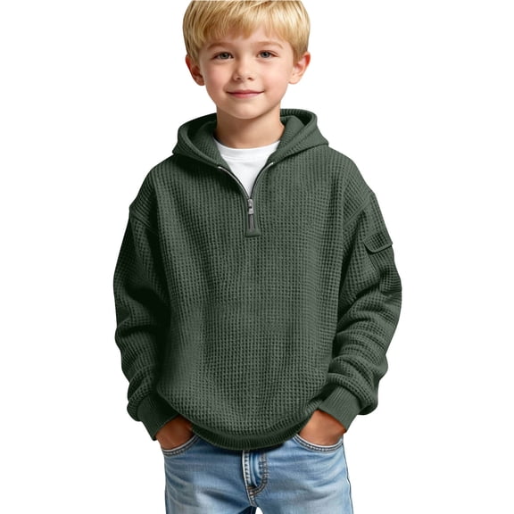 GUZOM Kids Boys Long Sleeve Waffle Knit Half Zip Pullover Hoodie Sweatshirt with Pocket Army Green,Size 4 T