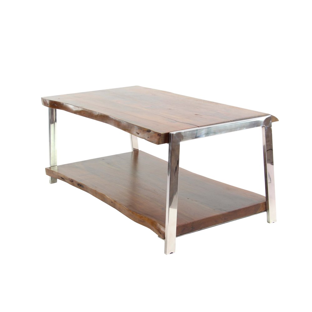 Decmode Rustic Wood and Stainless Steel Coffee Table With Bottom Shelf