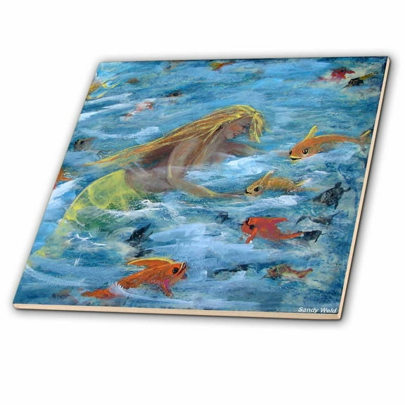 3dRose, Sea Angels, mermaids feed the fish, 6 Inch Ceramic Tile