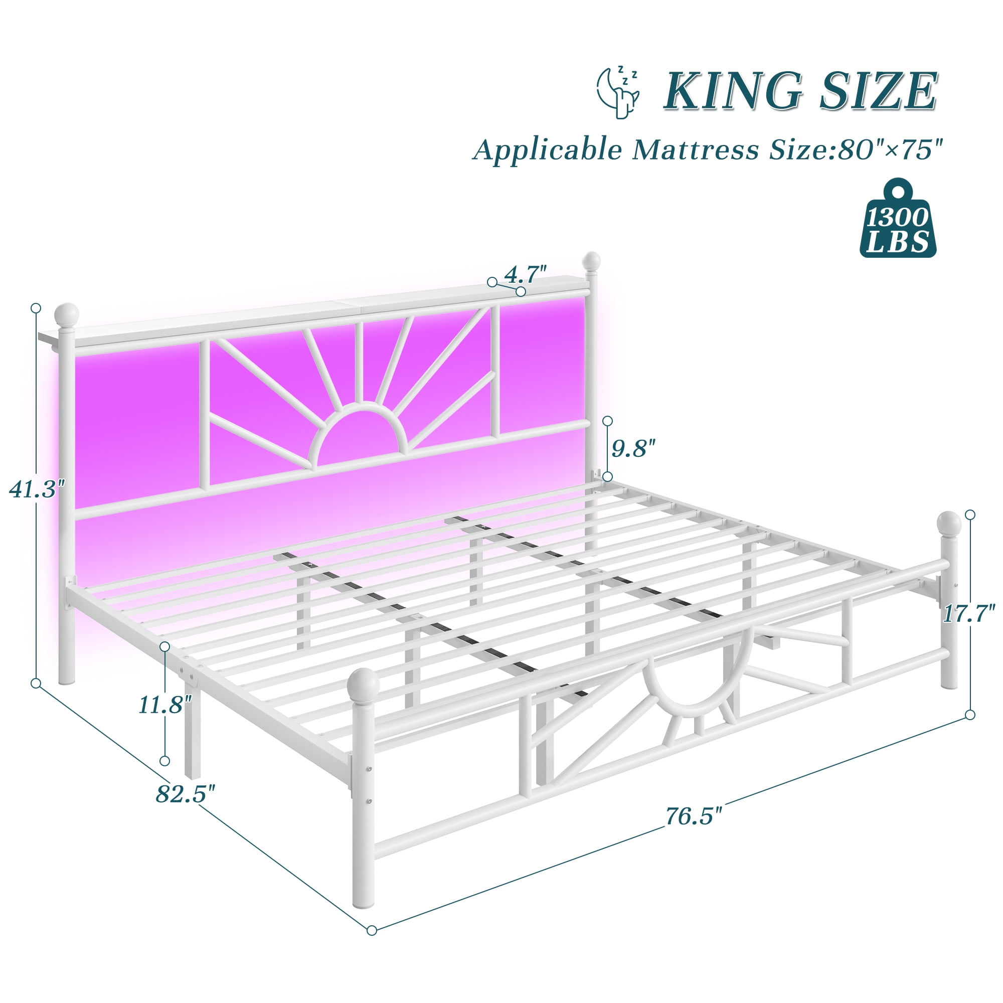 EnHomee King Size Metal Bed Frame with Vintage Headboard & Footboard Metal Platform Bed Frame King with LED Lights & Storage, Noise Free, White