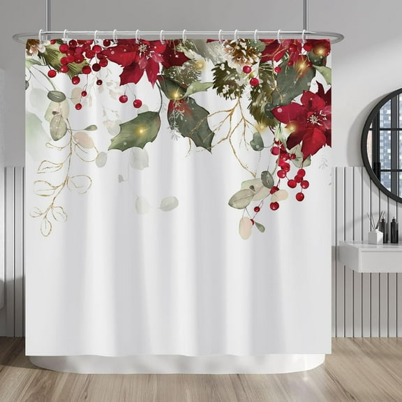 Red Flowers Shower Curtain Sage Green Leaves Red Fruits Vine Plants Shower Curtains for Bathroom Bathtubs Waterproof Fabric Shower Curtain with Hooks 72x72 Inches