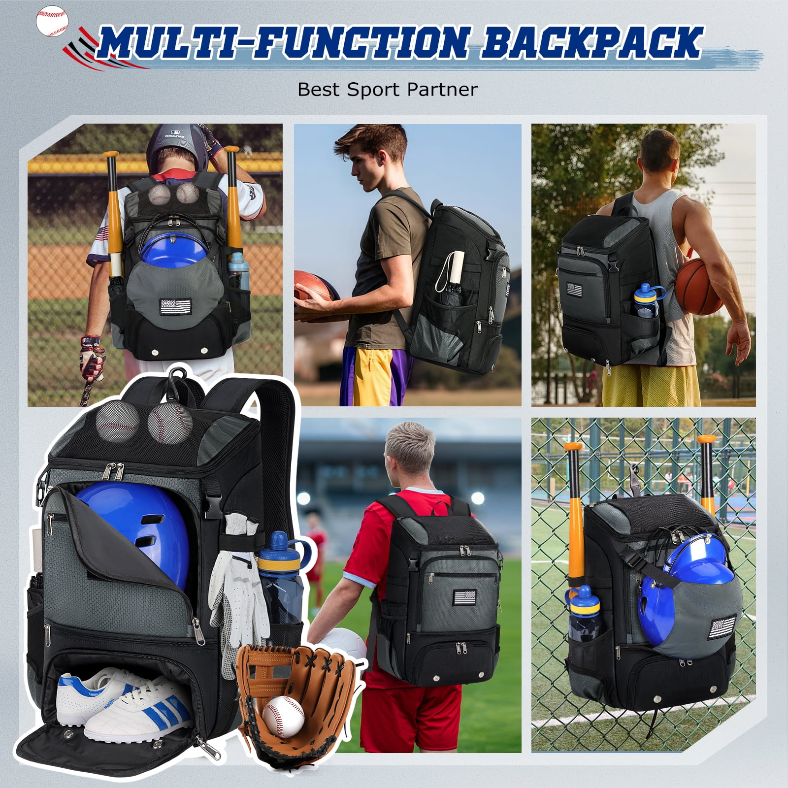 RAINSMORE Baseball Backpack, Lightweight Softball Bat Bag with Shoe Compartment, Fence Hook & Helmet Holder, Sports Gear Backpack for Youth Adult T-Ball Softball,Gray