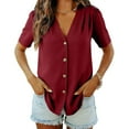 thumbnail image 4 of VEKDONE Blouses for Women Summer Short Sleeve Button Down Shirt Solid Color Dressy Business Shirts Casual Lightweight Work Tunic Tops Wine M, 4 of 6