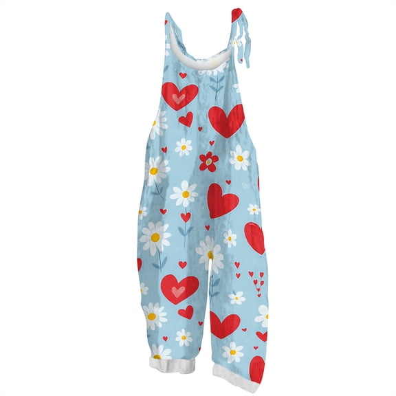 Fgvctg Valentine's Day Jumpsuits for Women Wide Leg Pant Dressy Overalls Love Heart Graphic Sleeveless Spaghetti Straps Jumpsuits Rompers Bib Overalls Loose Sprimg Pant With Pockets Sky Blue S