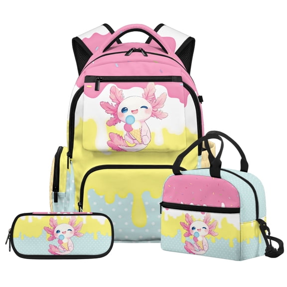 HUIACONG Axolotl Ice Cream Backpack Set 3 Pcs Set with Lightweight Kids Backpack Padded Shoulder Straps Lunch Bag Pencil Case Compatible with Elementary Library