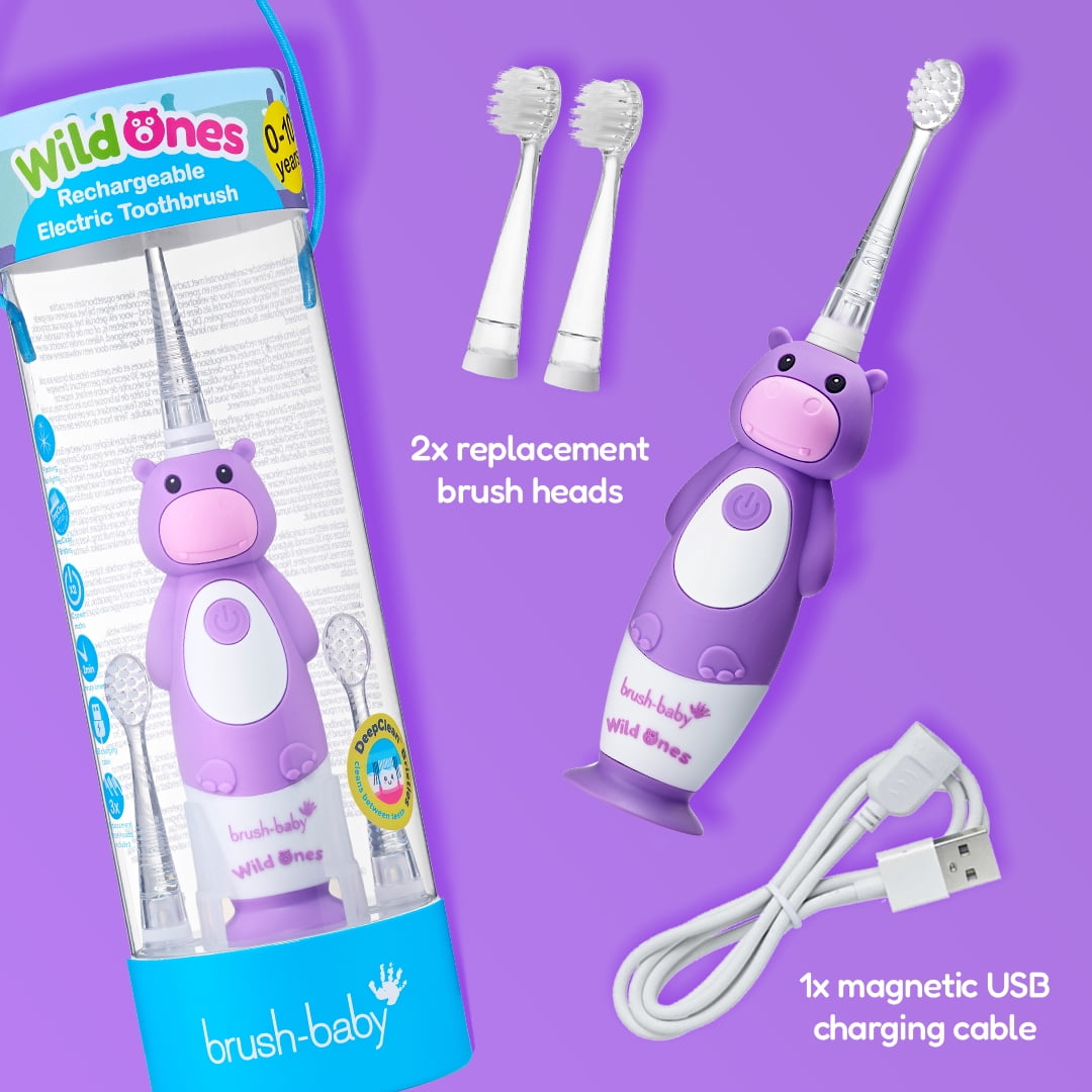 Brush-Baby WildOnes™ Rechargeable Kids Electric Toothbrush – Hippo | Flashing Lights, 2-Min Timer, Waterproof, 3 Brush Heads | Toddler & Child Toothbrush Ages 0-10 | Soft Bristles