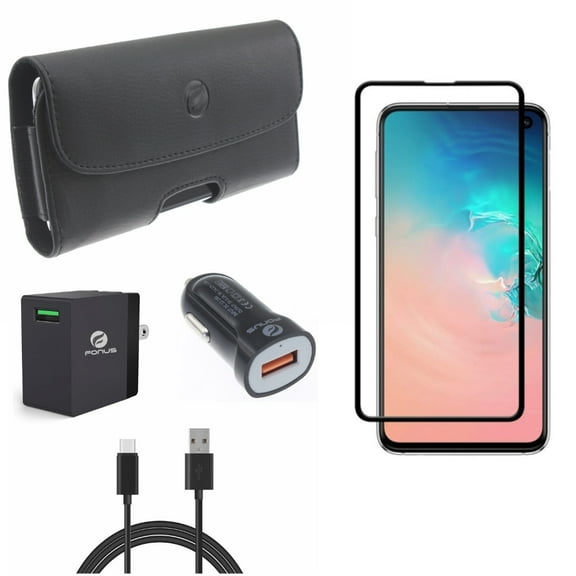 Galaxy S10e Fast Home Car Charger w Screen Protector w Case Belt Clip - USB Cable Type-C 6ft Long, Tempered Glass 5D Curved Edge, Leather Holster Cover for Samsung Galaxy S10e Phone