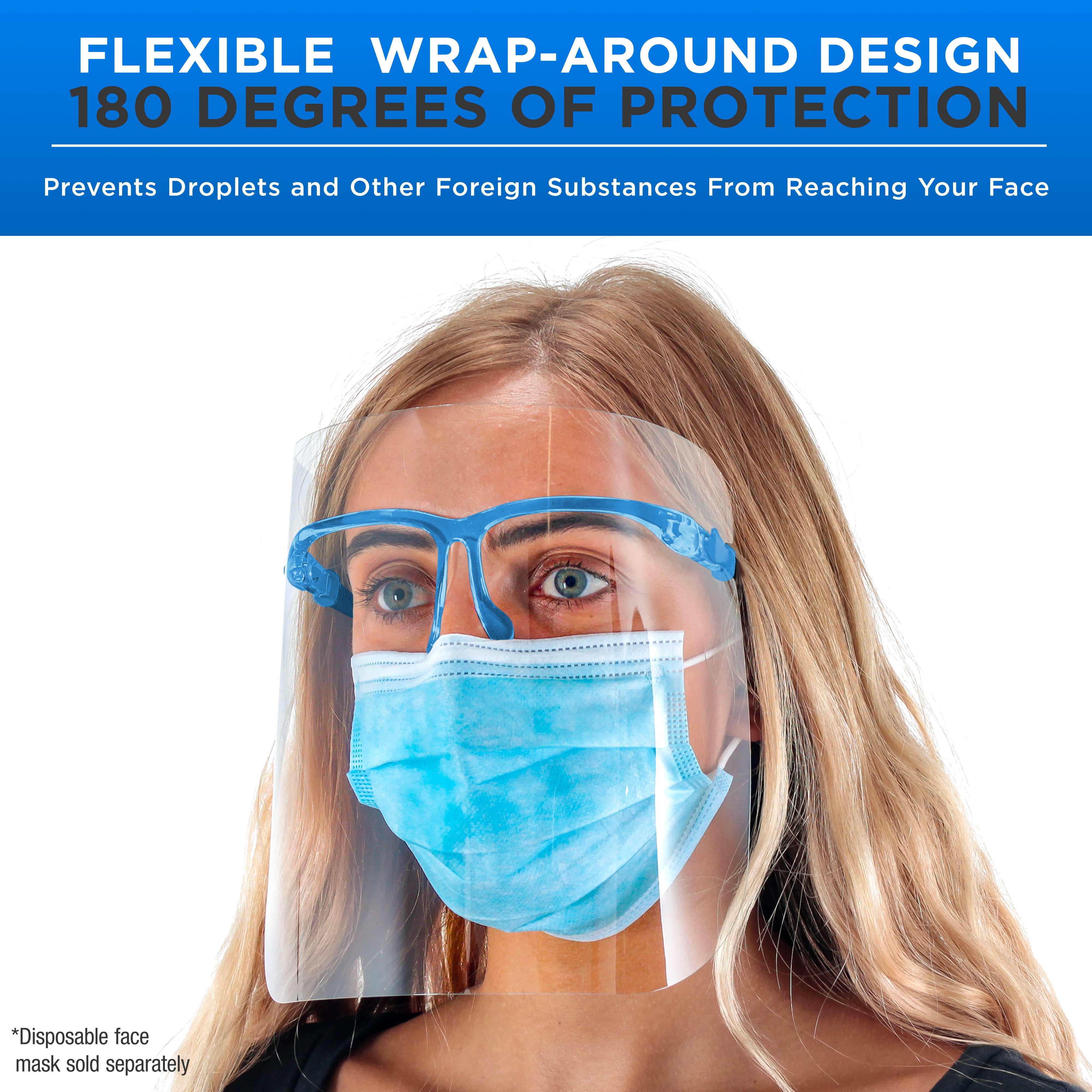 TCP Global Salon World Safety Face Shields with Blue Glasses Frames (Case of 200) - Ultra Clear Protective Full Face Shields to Protect Eyes, Nose, Mouth - Anti-Fog PET Plastic, Goggles