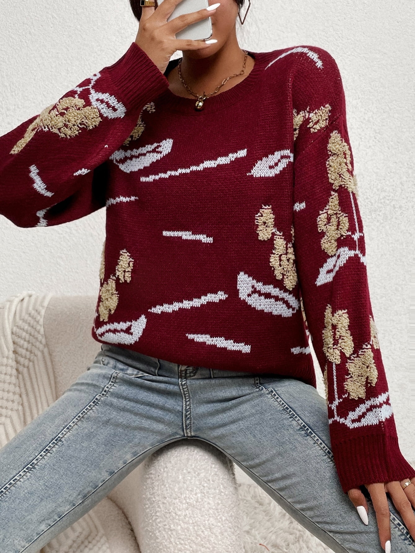 Floral Pattern Drop Shoulder Sweater 