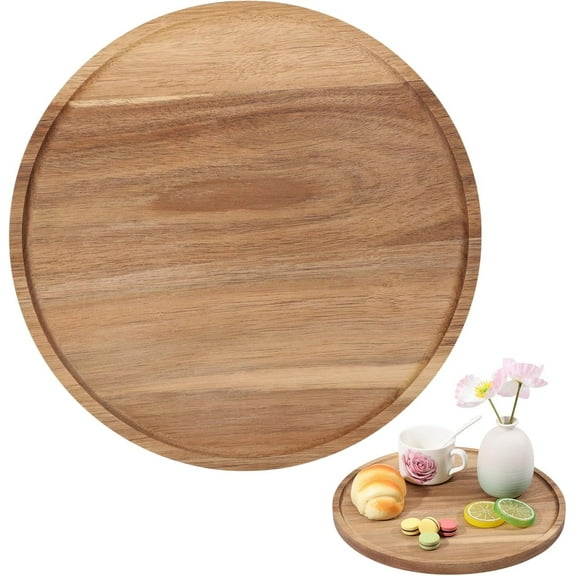 11.6 Inch Acacia Round Wood Tray Wood Serving Tray Decorative Trays Countertop for Farmhouse Home Decor Kitchen Dining Room Coffee Table