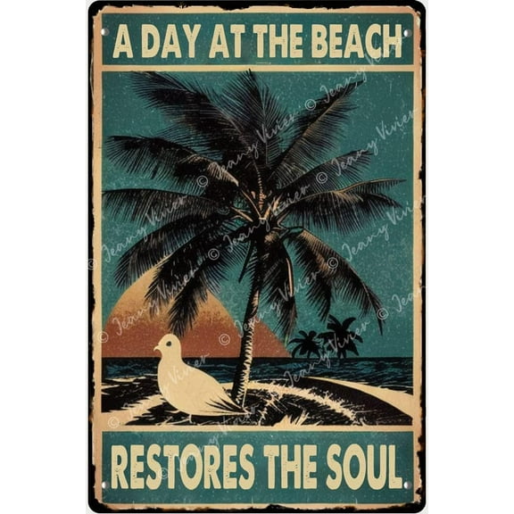 A Day at The Beach Restores The Soul Metal Sign, Funny Iron Painting for Indoor & Outdoor Home Bar Coffee Kitchen Wall Decor, Summer Decor, Pool Sign, Beach Metal Signs 5.5x8 In
