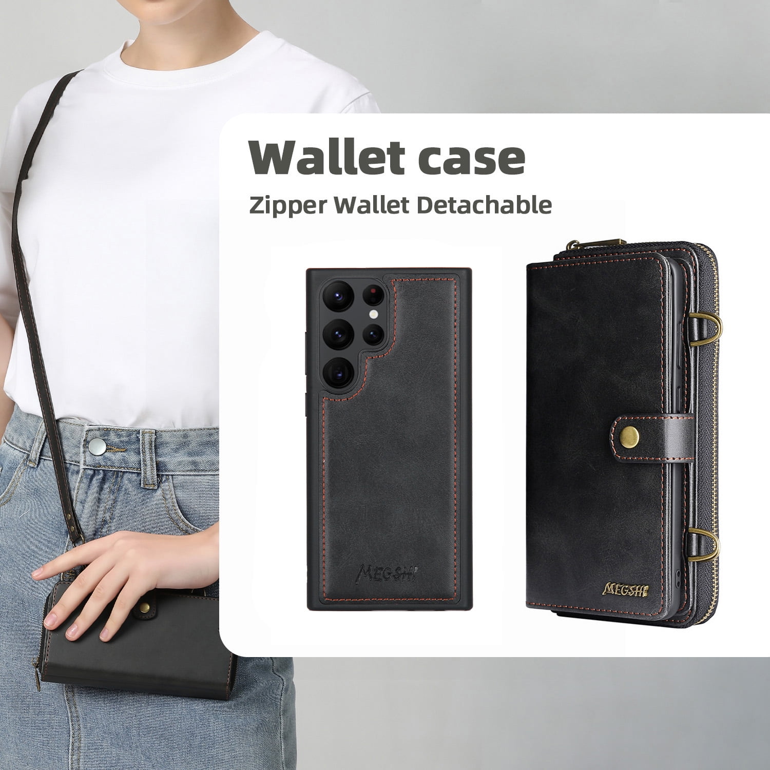 ShieldFlex Wallet Case Compatible with Samsung Galaxy S25 Ultra 5G,13-Card Holder Soft PU Leather Crossbody Wallet Zipper Pocket Magnetic Detachable Phone Cover Fit for Galaxy S25 Ultra,Black (3 IN 1)