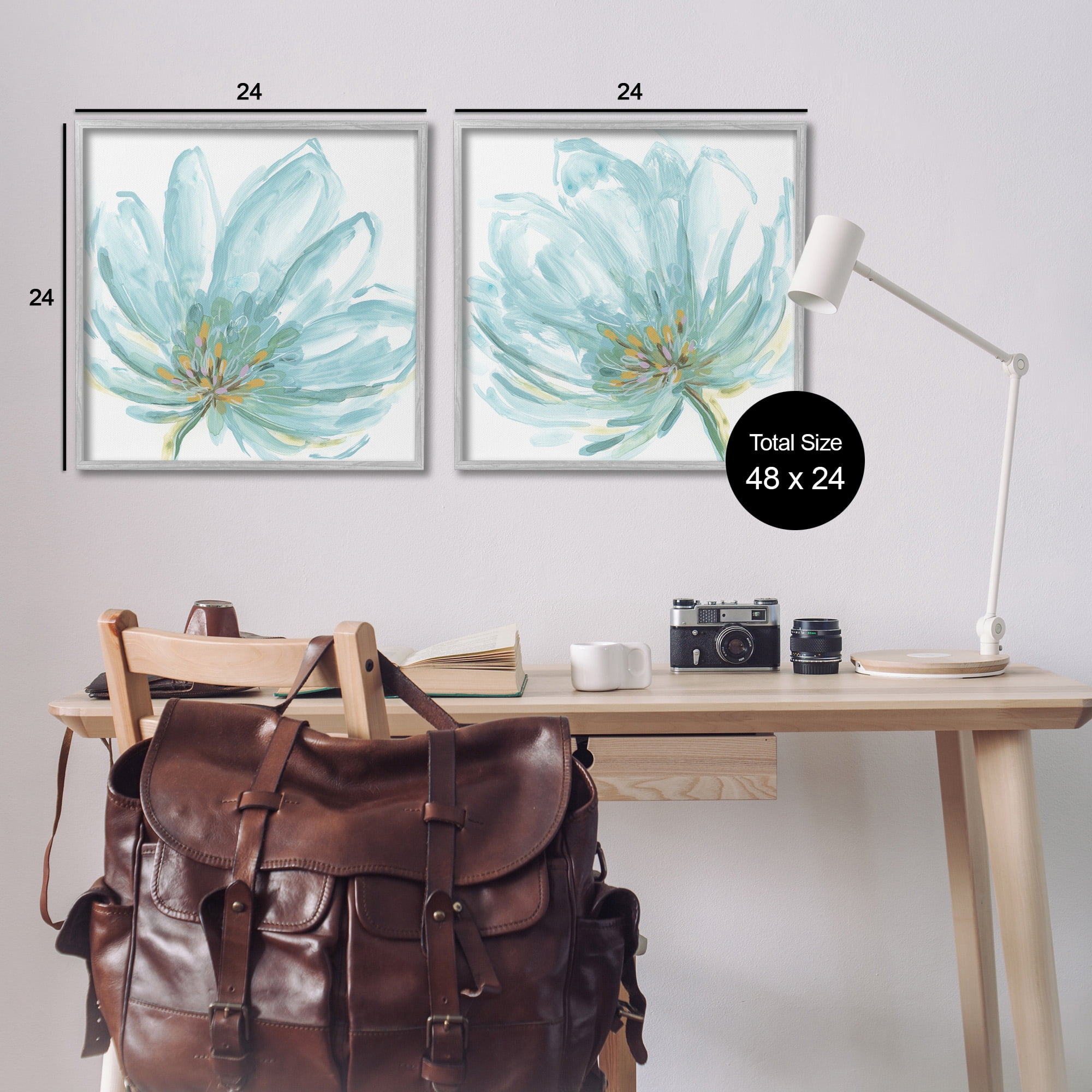 Stupell Industries Blue Blossoms on White Botanical & Floral Painting Gray Framed Art Print Wall Art, 24 x 24, Set of 2