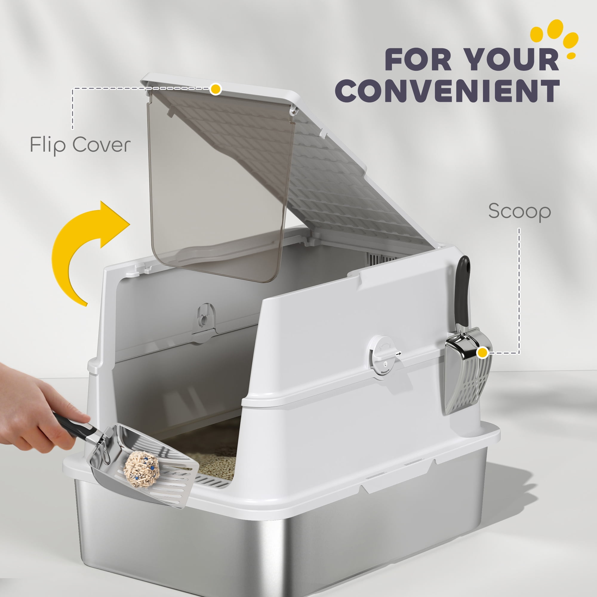 PawHut Stainless Steel Cat Litter Box with Lid, Extra Large Enclosed Metal Litter Box for Big Cats, Flip Cover, High-Sided Enclosure & Scoop
