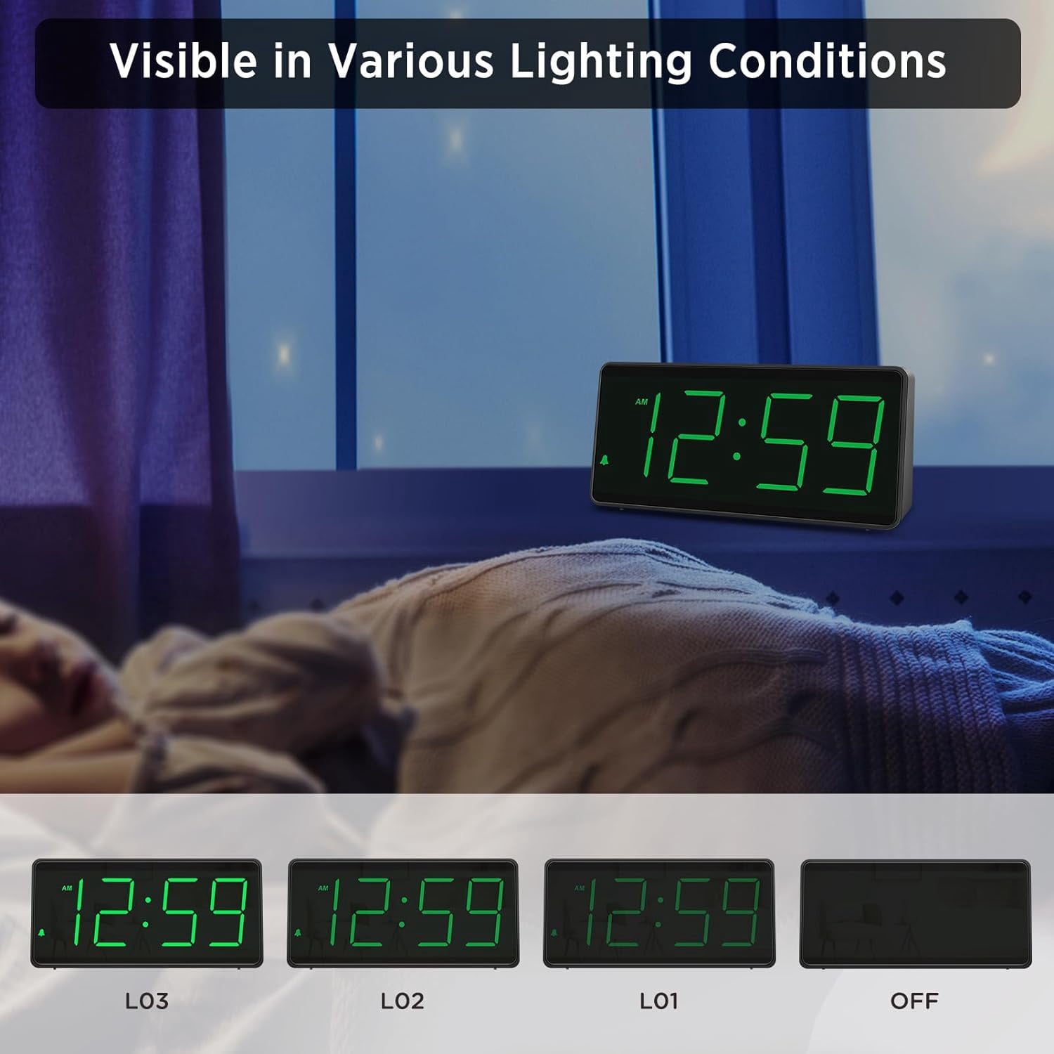 Battery Operated Digital Alarm Clock for Bedrooms - Cordless Large Big Numbers 4 Dimmers, Auto Dimming Seniors, Adjustable Volume Loud Heavy Sleepers Adults (Green Digits)