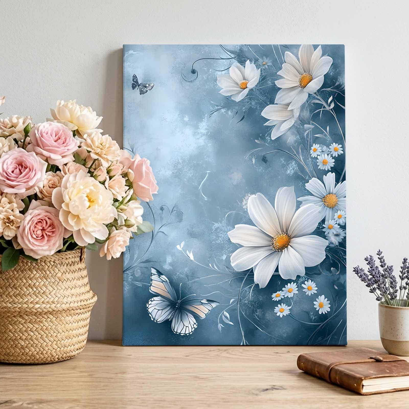 Flower Butterfly Canvas Wall Art for Living Room Country Farm White Floral Black Butterfly Wall Decor Framed Artwork Pictures Ready to Hang for Bedroom Office Home Decor 18x24 Inch