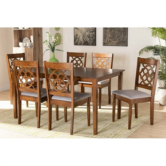 Baxton Studio Renaud Modern and Contemporary Grey Fabric Upholstered and Walnut Brown Finished Wood 7-Piece Dining Set