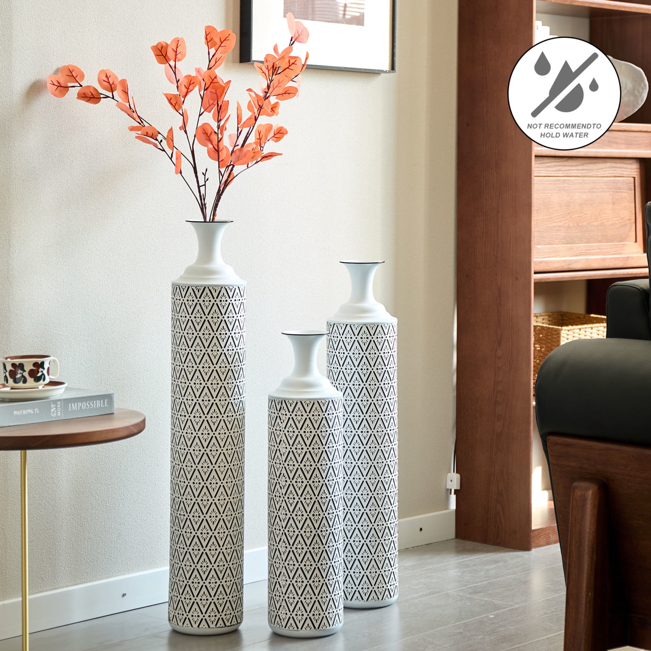 Noble House 33.85", 29.13", 24.8" Metal Floor Vase Set of 3, Geometric Pattern, White+Black
