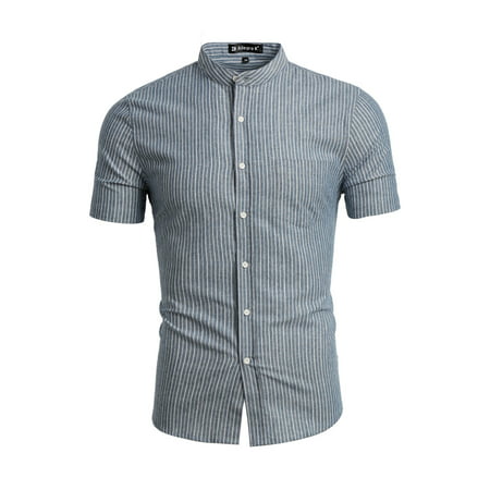 Men Banded Collar Short Sleeves Stripes Pattern Shirt Gray M | Walmart ...