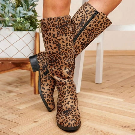 

Alueeu Women s Keen-High Boots Side Zipper Women s High Bottom Print Leopard Boots Boots Top Flat Fashion Women s Boots