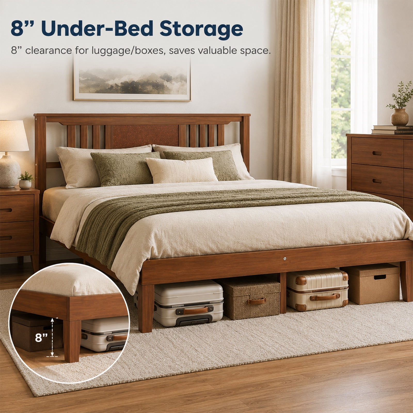 Alvantor Solid Pine Wood Platform Bed Frame with Ergonomic Headboard, 800 lbs Capacity