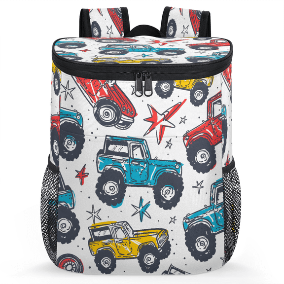Jiaoprinted Colorful Monster Trucks Portable Leakproof Cooler Backpack, Stars Insulated Backpack Cooler for Picnic Camping
