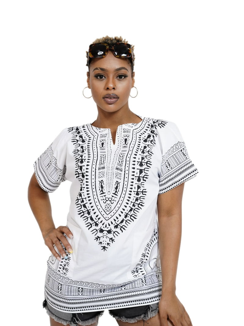 White Traditional African Print Dashiki Shirt M