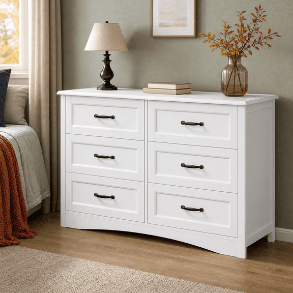 Aiho 6-Drawer Dresser, 47" Wide Storage Chest for Bedroom, White