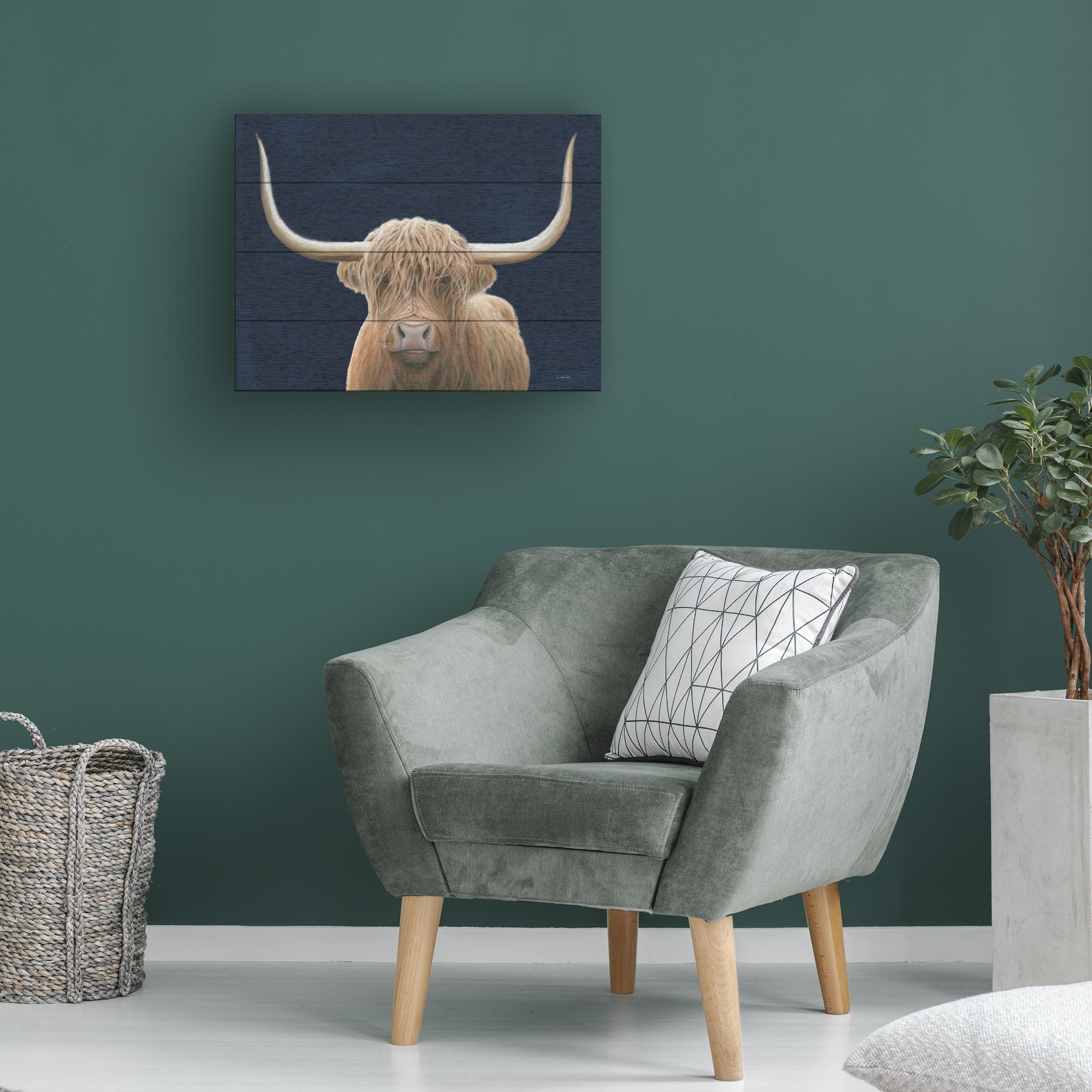 James Wiens 'Highland Cow Navy' Wood Slat Art 12x16