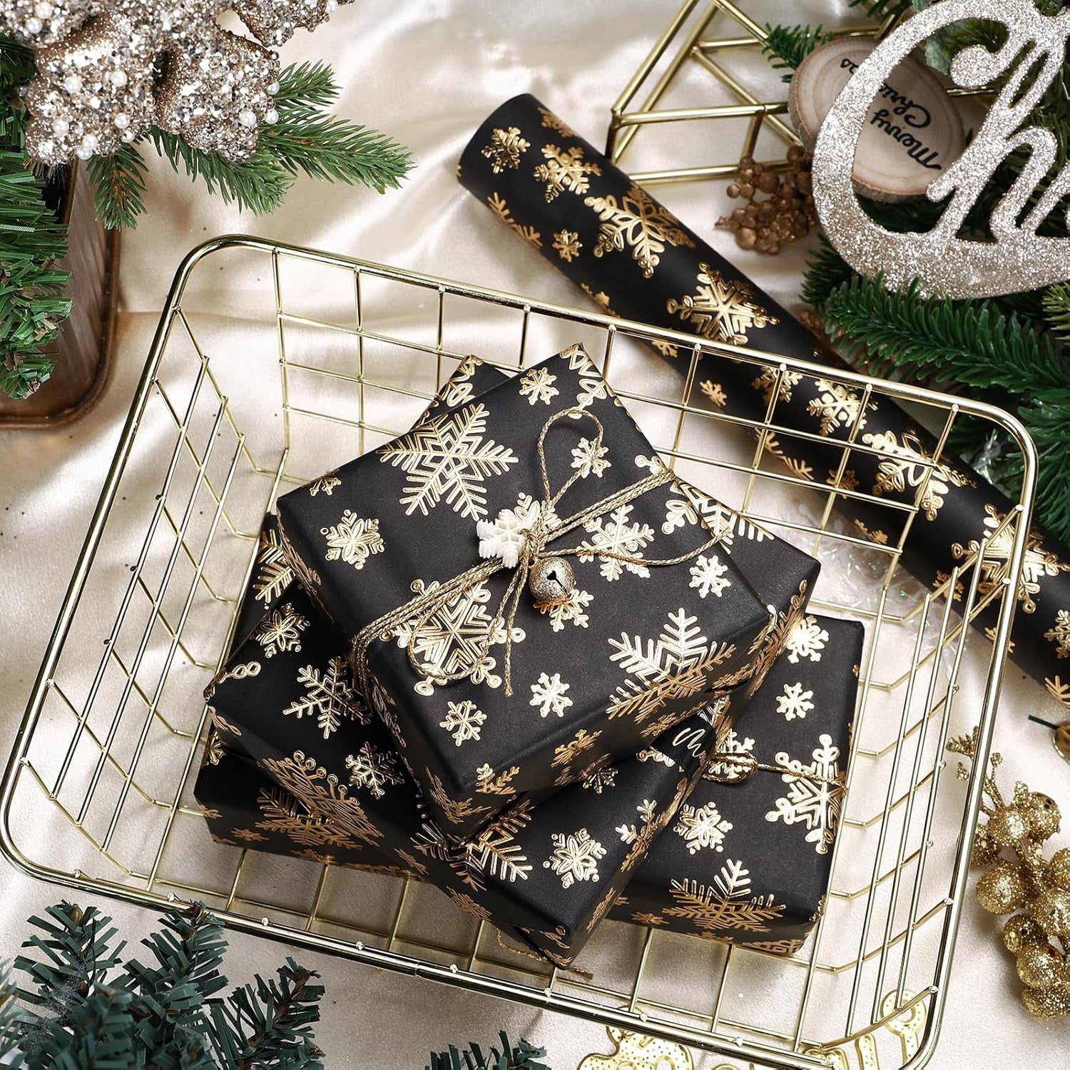 3D Kraft Christmas Wrapping Paper Roll - Mini Roll - 17 Inch x 16.5 Feet - Gold and Black Snowflake Wrapping Paper with Embossed Perfect for Christmas, Holiday, Party Celebration