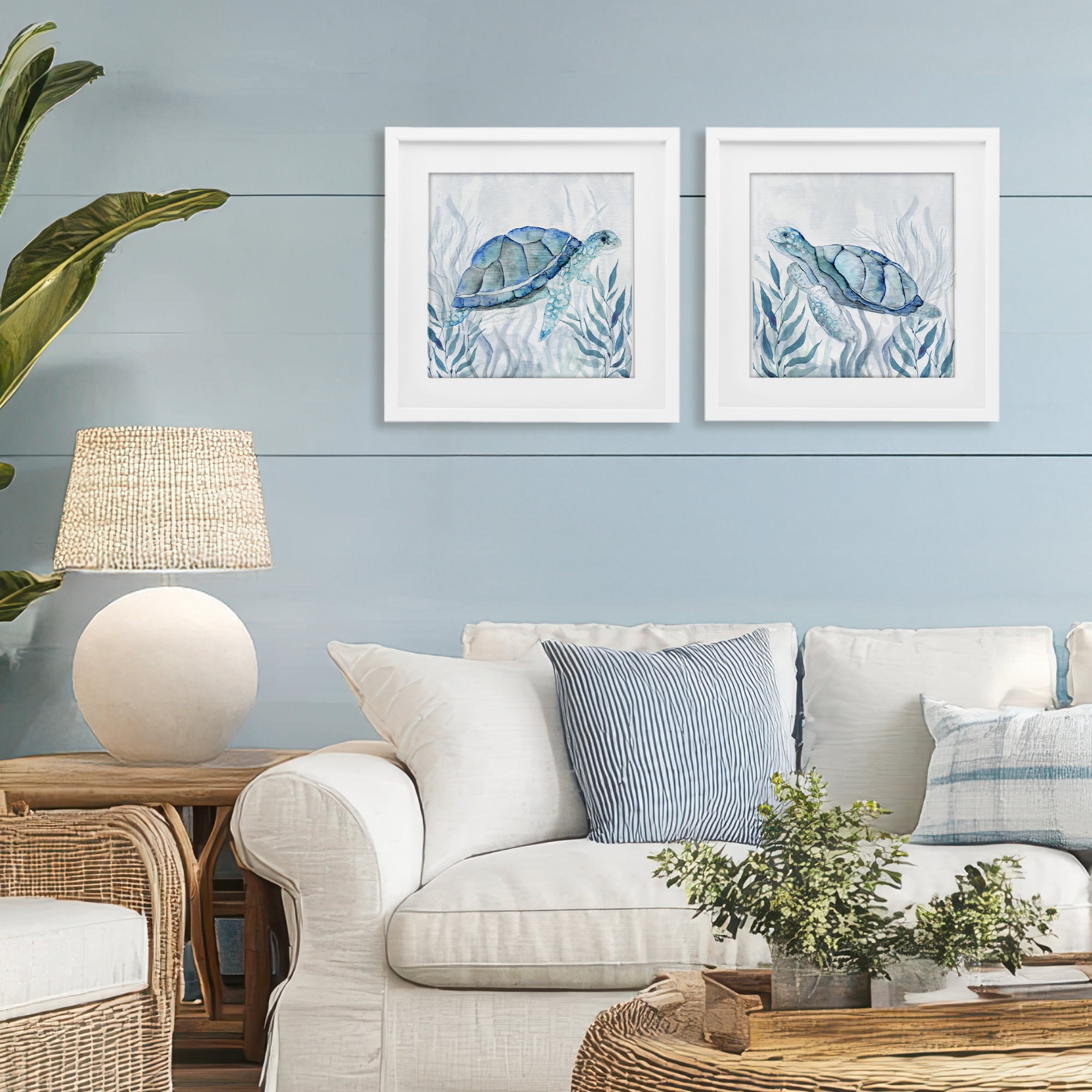 Stupell Industries Subtle Smiling Sea Turtles 2 Piece White Framed Print Under Glass Set, design by Janet Tava