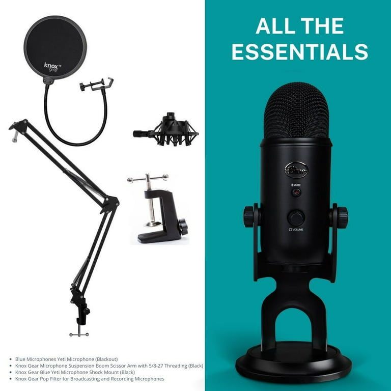 Blue Yeti Microphone (Blackout) with Boom Arm Stand, Pop Filter 