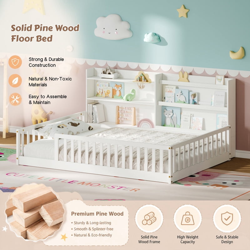 Full Size Kids Montessori Floor Bed with Bookshelf & Safety Guardrail, Wood Low-Profile Platform Bed Frame with Slats