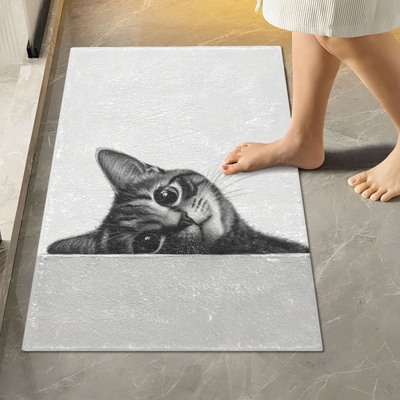 Yayeee Bath Rug for Bathroom Floor Non Slip Rectangle Fluffy Soft Absorbent Mat, 16"x24", Black Cute Cat