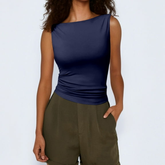 CUZIBR Women'S Casual Tank Top Solid Color Boat Neck Fashion Slim Fit Ruched Breathable Summer Casual Sleeveless Tube Camisole Trendy Clothes Vacation Outfits,Blue,L
