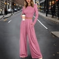 thumbnail image 2 of DHFJKG Womens 2 Piece Matching Loungewear Sets Fall Fashion Ribbed Outfits Long Sleeve Round Neck Slim Fit Crop Top Wide Leg Pants Tracksuits Cozy Sweat Suits, 2 of 7