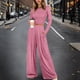 thumbnail image 2 of Gibobby Pijama de dos piezas para mujer Trajes de dos piezas para mujer Top corto de manga larga Pantalones de pierna ancha Conjuntos a juego Chándales(Rosa,XL), 2 of 5