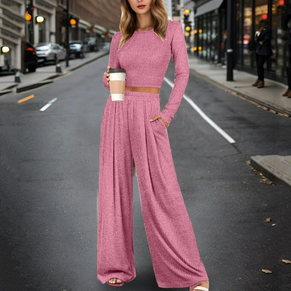 SHITINN Two Piece Outfits For Women Long Sleeve Crop Top Wide Leg Pants Matching Sets Tracksuits Pajamas Petite Christmas Pajamas for Boyfriend And Girlfriend Button Pajamas for Women