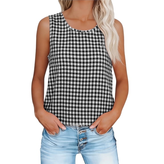 RQYYD Womens Round Neck Sleeveless Gingham Tank Top Casual Loose Fit Blouse for Summer Daily Wear