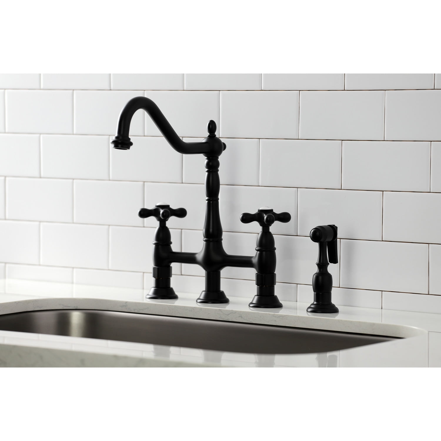 Kingston Brass KS1270AXBS Heritage Bridge Kitchen Faucet with Brass Sprayer, Matte Black